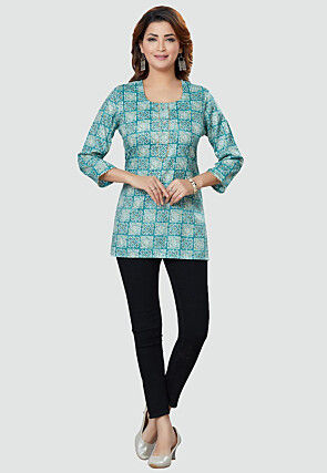 Digital Printed Rayon Kurti in Teal Blue