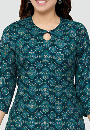 Digital Printed Rayon Kurti in Teal Blue