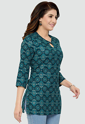 Digital Printed Rayon Kurti in Teal Blue
