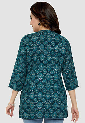 Digital Printed Rayon Kurti in Teal Blue