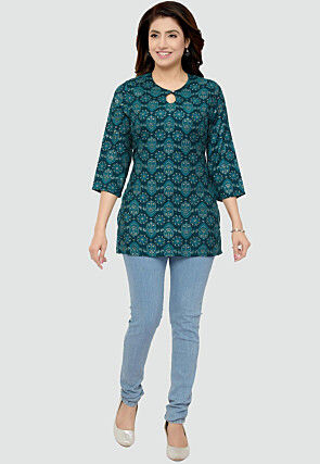 Digital Printed Rayon Kurti in Teal Blue