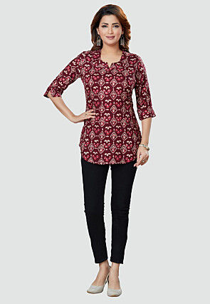 Digital Printed Rayon Kurti in Wine