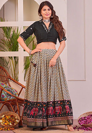 Digital Printed Rayon Lehenga in Cream and Black