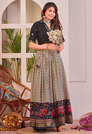 Digital Printed Rayon Lehenga in Cream and Black