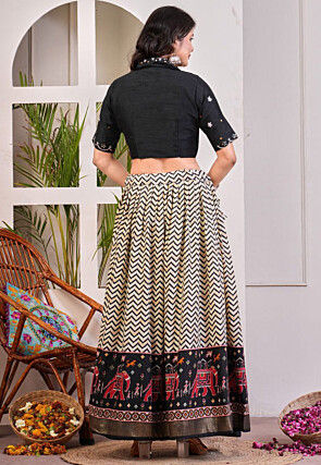 Digital Printed Rayon Lehenga in Cream and Black