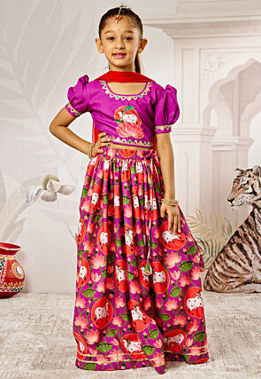 Digital Printed Rayon Lehenga in Purple and Red