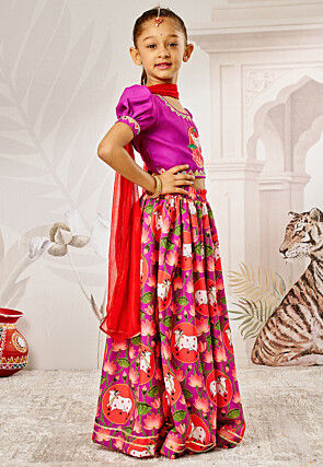 Digital Printed Rayon Lehenga in Purple and Red
