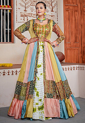Digital Printed Rayon Lehenga in White