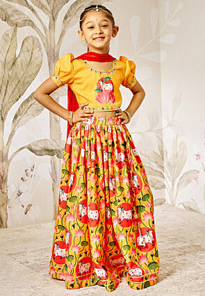Digital Printed Rayon Lehenga in Yellow and Red