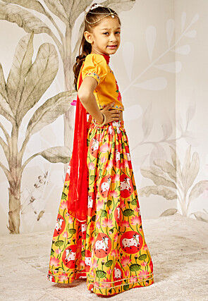 Digital Printed Rayon Lehenga in Yellow and Red