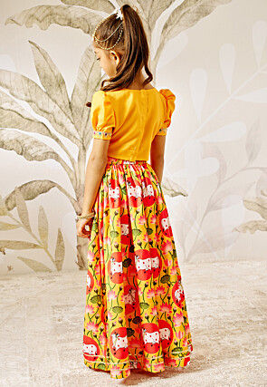 Digital Printed Rayon Lehenga in Yellow and Red
