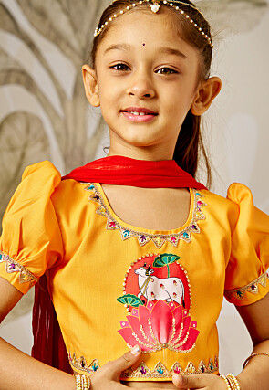 Digital Printed Rayon Lehenga in Yellow and Red