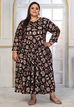 Digital Printed Rayon Long Dress in Black