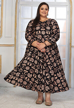 Digital Printed Rayon Long Dress in Black