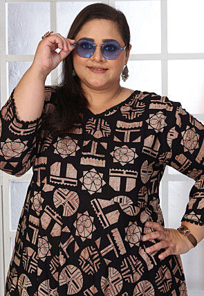 Digital Printed Rayon Long Dress in Black