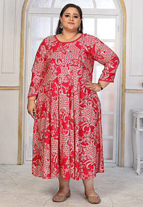 Digital Printed Rayon Long Dress in Fuchsia