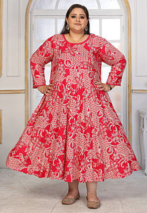 Digital Printed Rayon Long Dress in Fuchsia