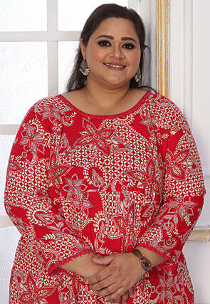 Digital Printed Rayon Long Dress in Fuchsia