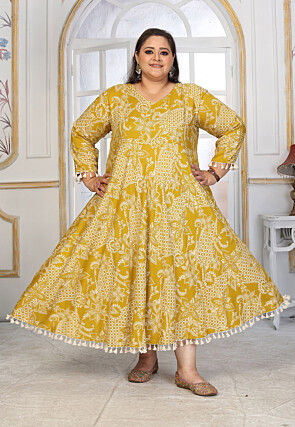 Digital Printed Rayon Long Dress in Mustard