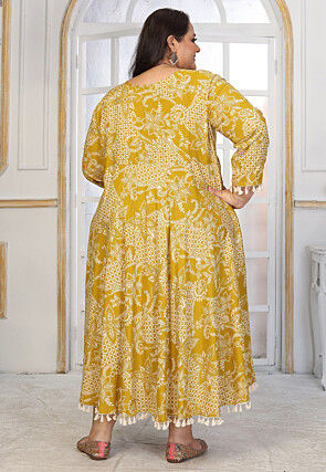 Digital Printed Rayon Long Dress in Mustard