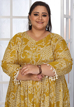 Digital Printed Rayon Long Dress in Mustard