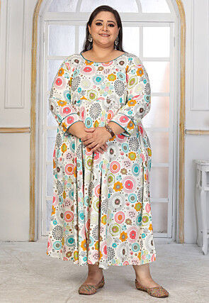 Digital Printed Rayon Long Dress in Off White