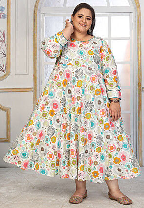 Digital Printed Rayon Long Dress in Off White