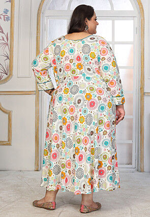 Digital Printed Rayon Long Dress in Off White