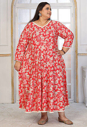 Digital Printed Rayon Long Dress in Red