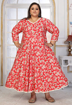 Digital Printed Rayon Long Dress in Red