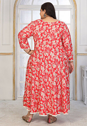 Digital Printed Rayon Long Dress in Red