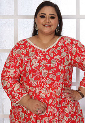 Digital Printed Rayon Long Dress in Red