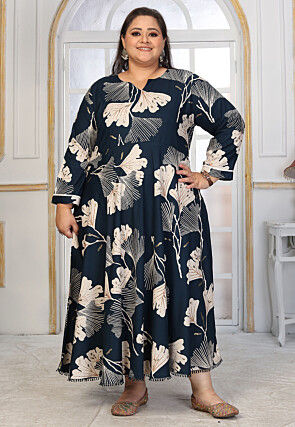 Digital Printed Rayon Long Dress in Teal Blue