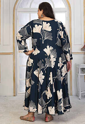 Digital Printed Rayon Long Dress in Teal Blue