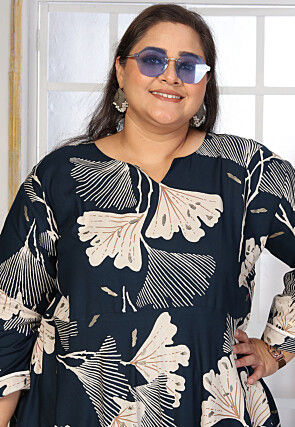 Digital Printed Rayon Long Dress in Teal Blue