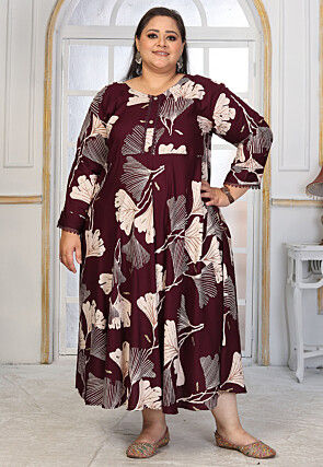 Digital Printed Rayon Long Dress in Wine