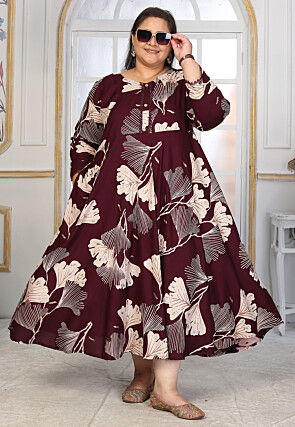 Digital Printed Rayon Long Dress in Wine