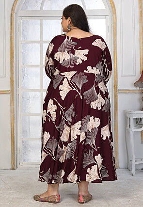 Digital Printed Rayon Long Dress in Wine