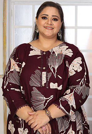 Digital Printed Rayon Long Dress in Wine