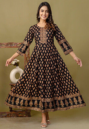 Digital Printed Rayon Long Kurta in Black