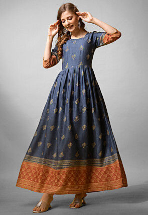 Digital Printed Rayon Long Kurta in Blue