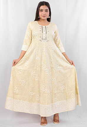 Digital Printed Rayon Long Kurta in Cream
