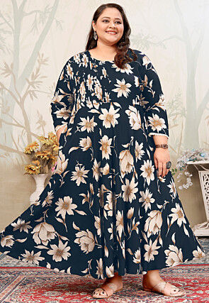 Digital Printed Rayon Long Kurta in Dark Blue