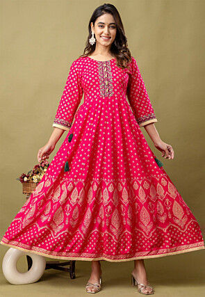 Digital Printed Rayon Long Kurta in Fuchsia