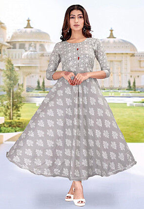 Digital Printed Rayon Long Kurta in Grey