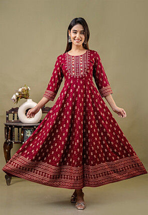 Digital Printed Rayon Long Kurta in Maroon