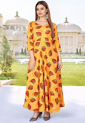 Digital Printed Rayon Long Kurta in Mustard