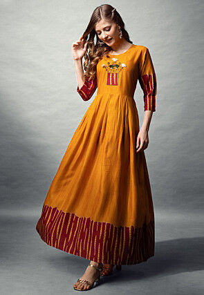 Digital Printed Rayon Long Kurta in Mustard