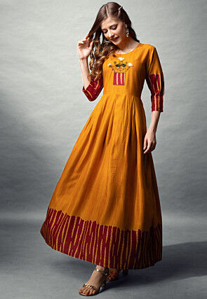 Digital Printed Rayon Long Kurta in Mustard
