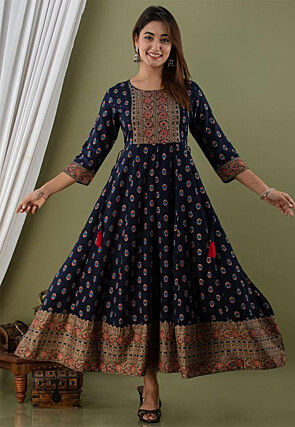 Digital Printed Rayon Long Kurta in Navy Blue